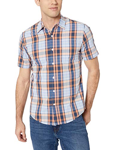 Amazon Essentials Men's Slim-Fit Short-Sleeve Plaid Casual Poplin Shirt, Coral/Navy, Large