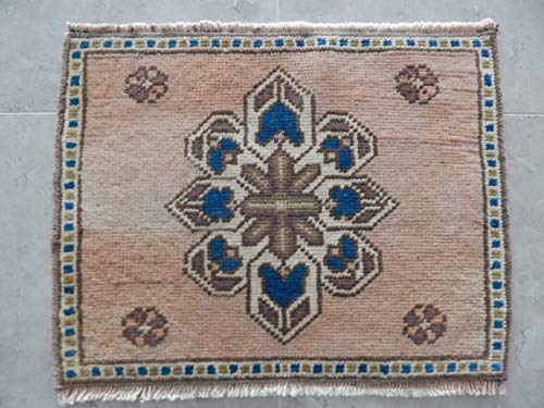 Turkish Oushak Square Kitchen and Bathroom Mat, Miniature Petite Boho Rug, Bohemian Handwoven Rugs, Mini Area Rug Table Carpet 17'' x 21'' (42 x 54 Cm)