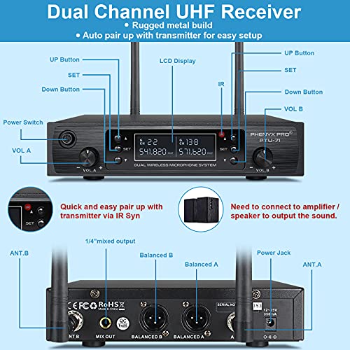 Wireless Microphone System, Phenyx Pro Dual Channel Cordless Mic Set with Handheld/Bodypack/Headset/Lapel, 2x100 Channels, Auto Scan, Lock Function, 328ft Coverage, Ideal for Events, Church (PTU-71B)