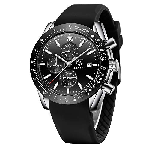 BENYAR - Stylish Wrist Watch for Men, Silicon Strap Watches, Perfect Quartz Movement, Waterproof and Scratch Resistant, Analog Chronograph Business Watches, Best Mens Gift.