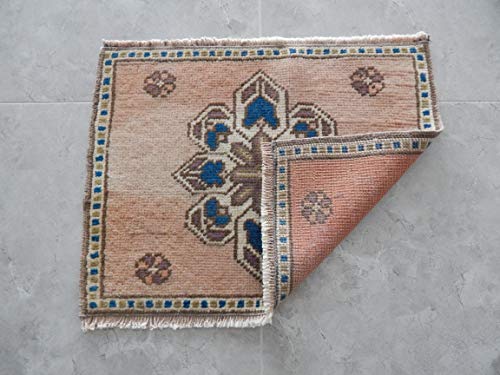 Turkish Oushak Square Kitchen and Bathroom Mat, Miniature Petite Boho Rug, Bohemian Handwoven Rugs, Mini Area Rug Table Carpet 17'' x 21'' (42 x 54 Cm)