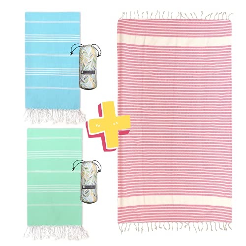 Beach Set: Turquoise and Green Turkish Beach Towel with Travel Bag + Pink Hasir Turkish Towel Blanket