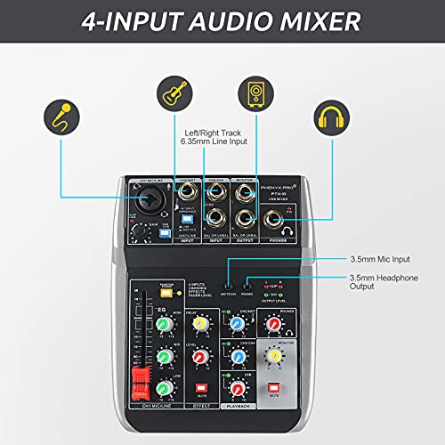 Phenyx Pro USB Audio Interface Mixer, 4-Channel, 3-Band EQ, Echo Effects, Audio Mixer with Interface to PC for Music Recording, Ideal for Live Streaming, Recording (PTX-10)