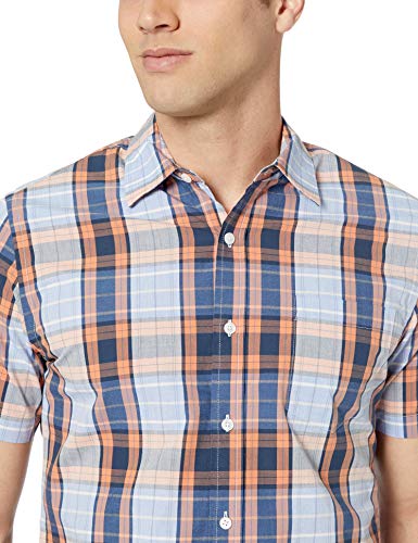 Amazon Essentials Men's Slim-Fit Short-Sleeve Plaid Casual Poplin Shirt, Coral/Navy, Large