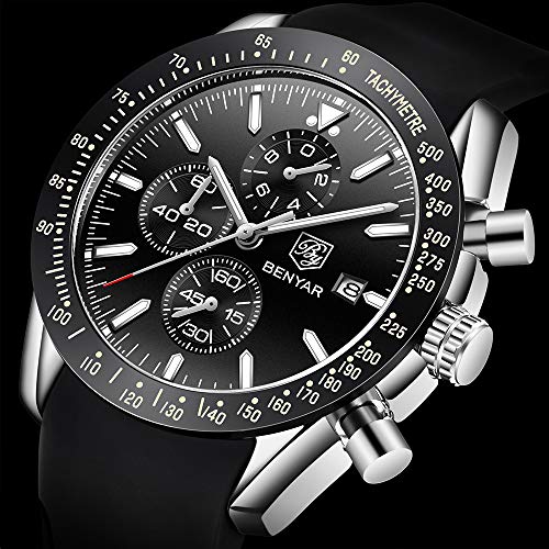 BENYAR - Stylish Wrist Watch for Men, Silicon Strap Watches, Perfect Quartz Movement, Waterproof and Scratch Resistant, Analog Chronograph Business Watches, Best Mens Gift.