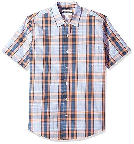 Amazon Essentials Men's Slim-Fit Short-Sleeve Plaid Casual Poplin Shirt, Coral/Navy, Large