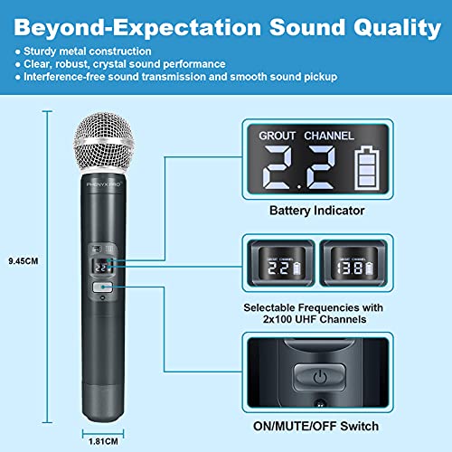 Wireless Microphone System, Phenyx Pro Dual Channel Cordless Mic Set with Handheld/Bodypack/Headset/Lapel, 2x100 Channels, Auto Scan, Lock Function, 328ft Coverage, Ideal for Events, Church (PTU-71B)