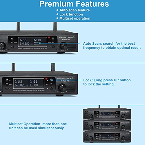Wireless Microphone System, Phenyx Pro Dual Channel Cordless Mic Set with Handheld/Bodypack/Headset/Lapel, 2x100 Channels, Auto Scan, Lock Function, 328ft Coverage, Ideal for Events, Church (PTU-71B)