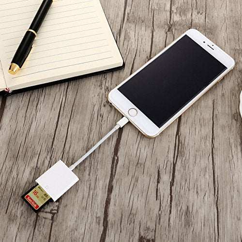 Ocamo OTG SD Card Reader Digital Camera Reader Adapter Cable for iPhone 5/6/7 and iPad White