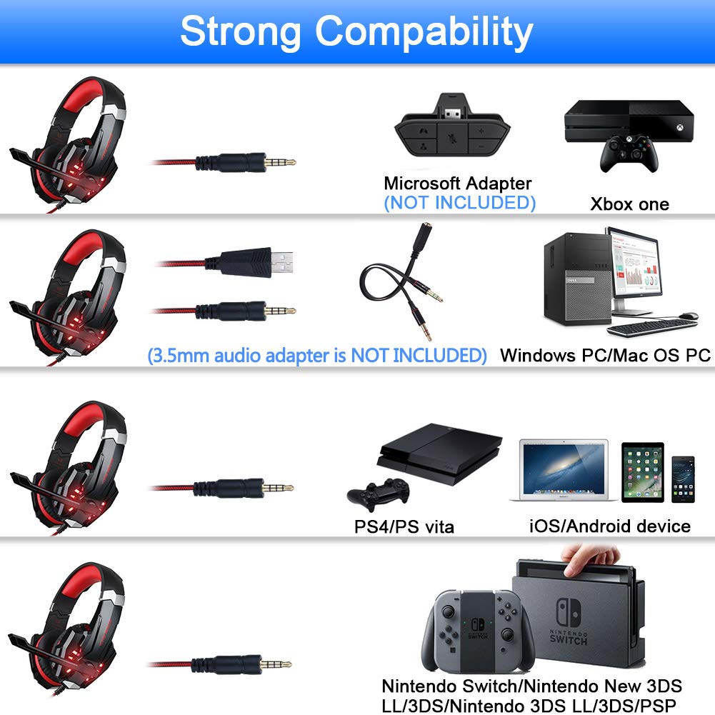 BlueFire 3.5mm Gaming Headset for Playstation 4 PS4 Xbox One Games Tablet Laptop, Over Ear Headphone with Microphone LED Light for Laptop Mac Nintendo Switch Controller (Red)