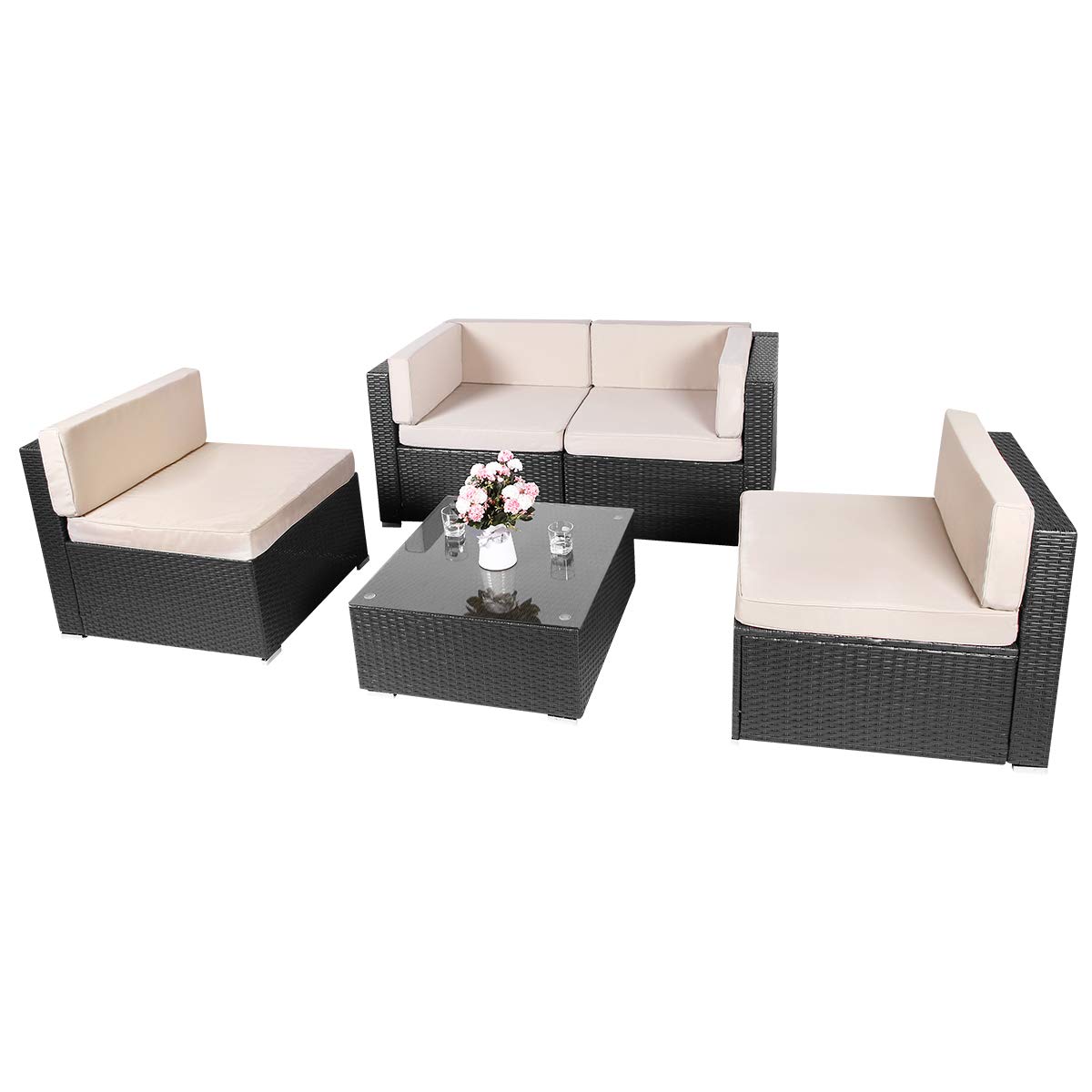 AECOJOY 5 Pieces PE Rattan Wicker Patio Furniture Sets Outdoor Sectional Furniture Conversation Chair Set with Cushions and Tea Table, Black