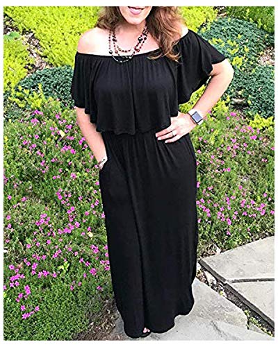 Kidsform Femme Robe Longue d'été Boheme Grande Taille Manches Courtes Chic Maxi Robe de Plage Fleurie Col Bateau Plissé Casual A-Noir 36 EU (Fabricant: Taille S)