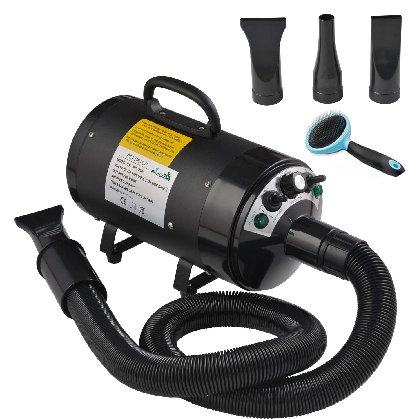 My Pet Command 110V Dog Hair Dryer Professional High Velocity Blower 500W-2800W 4HP Hot and Cold Adjustable stepless Airflow and Bonus Dog Grooming Brush.