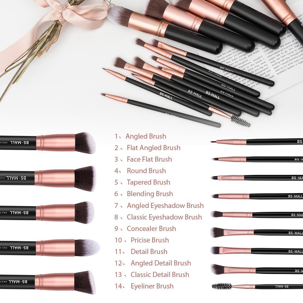 BS-MALL Makeup Brushes Premium Synthetic Foundation Powder Concealers Eye Shadows Makeup 14 Pcs Brush Set, Rose Golden, 1 Count