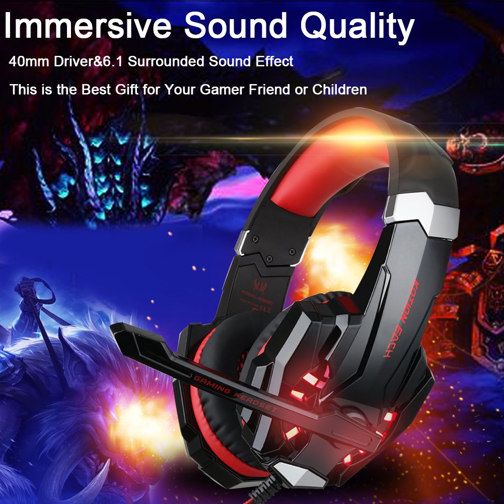 BlueFire 3.5mm Gaming Headset for Playstation 4 PS4 Xbox One Games Tablet Laptop, Over Ear Headphone with Microphone LED Light for Laptop Mac Nintendo Switch Controller (Red)