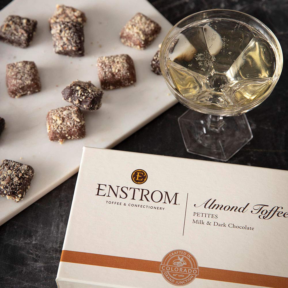 Enstrom Milk Chocolate and Dark Chocolate Almond Toffee Petites 15oz box | Bite-size | Gluten Free | Kosher Dairy | All Natural