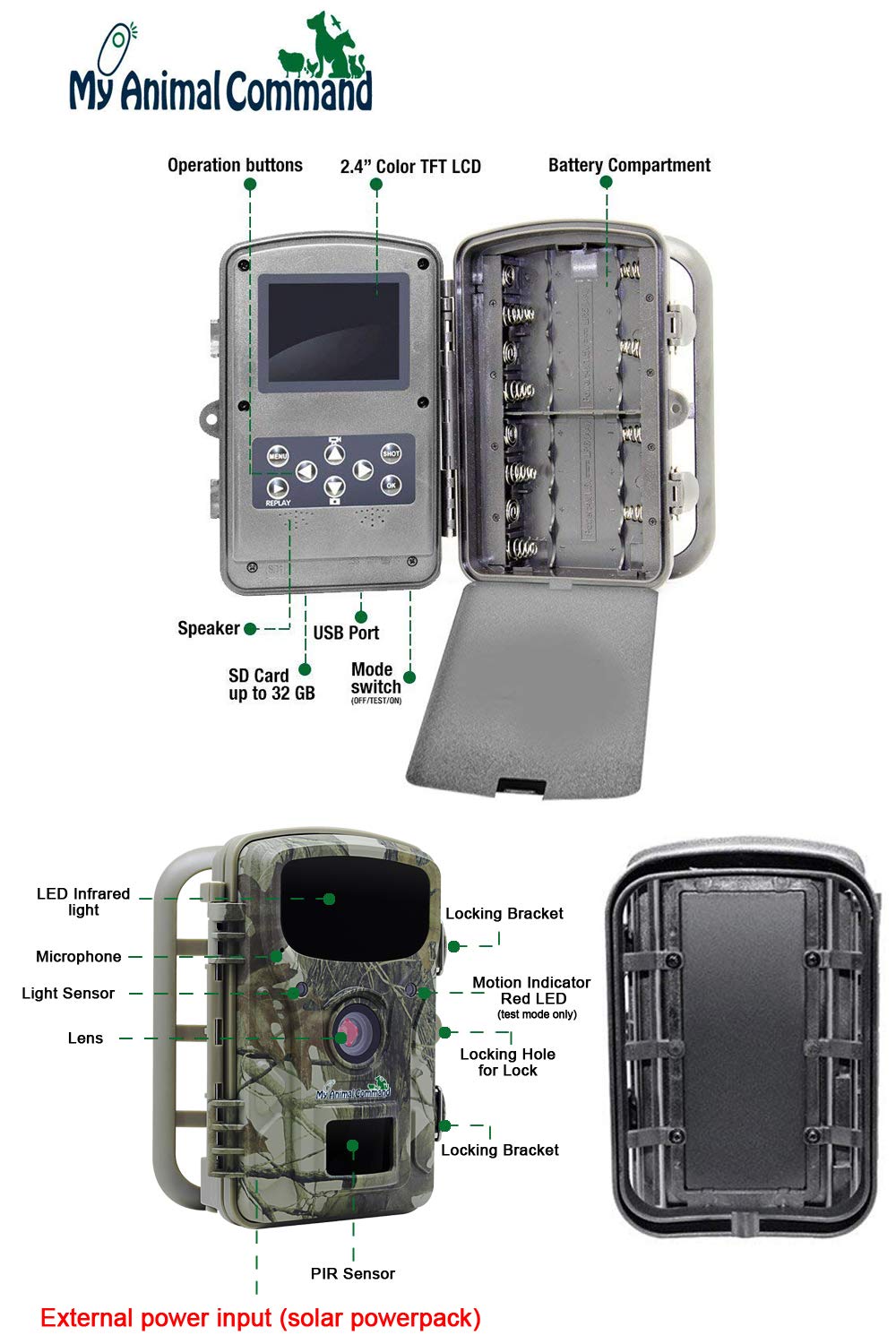 My Animal Command Solar Trail Camera 16MP Game Time Lapse Cam with Night Vision Motion Activated, IP66 Waterproof 1080p Spy Outdoor Deer & Wildlife Hunting. (16MP Camera and Solar Power Pack Bundle)