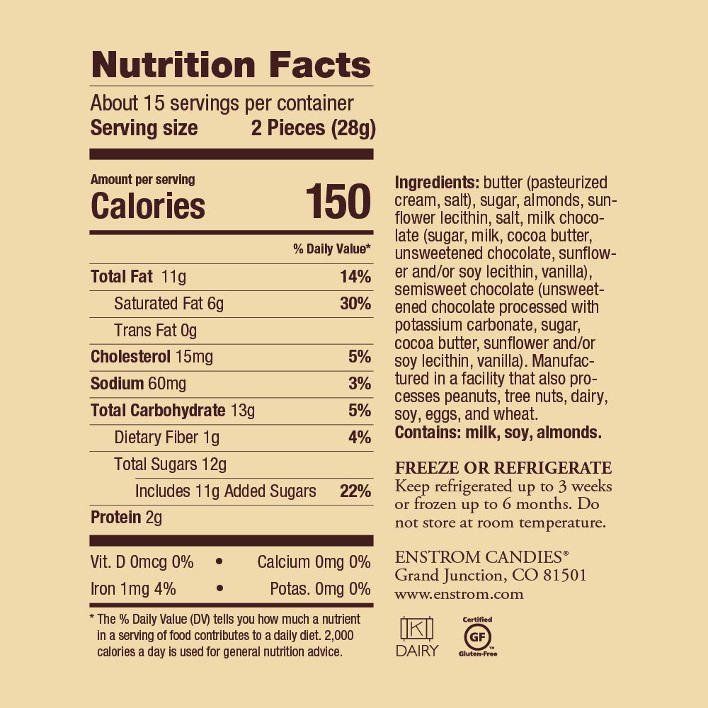 Enstrom Milk Chocolate and Dark Chocolate Almond Toffee Petites 15oz box | Bite-size | Gluten Free | Kosher Dairy | All Natural