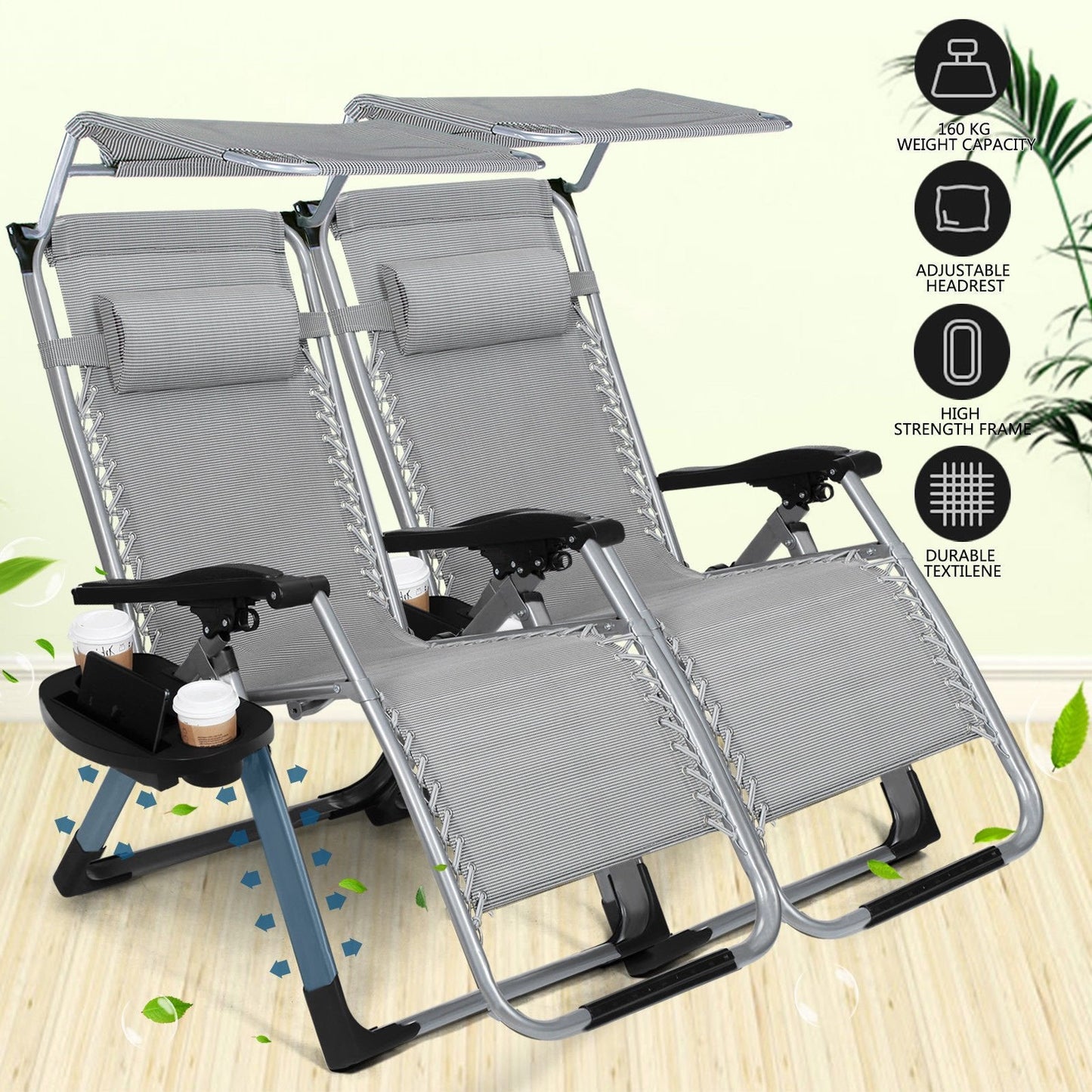 Set of 2 Zero Gravity Chairs - Adjustable Folding Lounge Recliners - Patio Garden Outdoor Beach Chair - with Canopy Cup Holders & Headrest