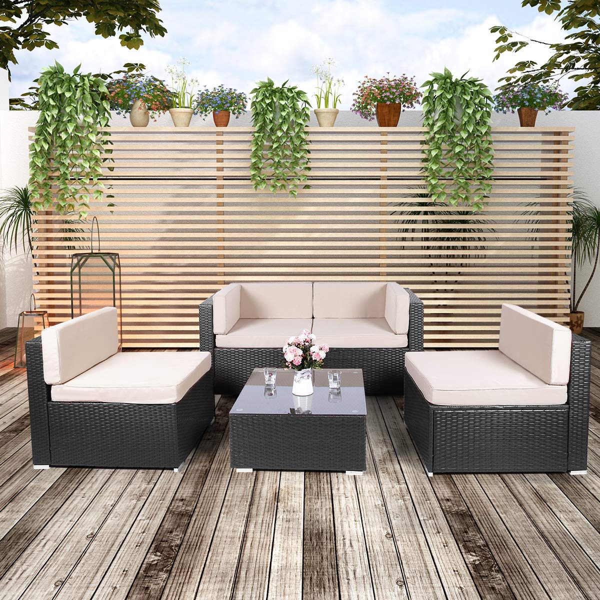 AECOJOY 5 Pieces PE Rattan Wicker Patio Furniture Sets Outdoor Sectional Furniture Conversation Chair Set with Cushions and Tea Table, Black