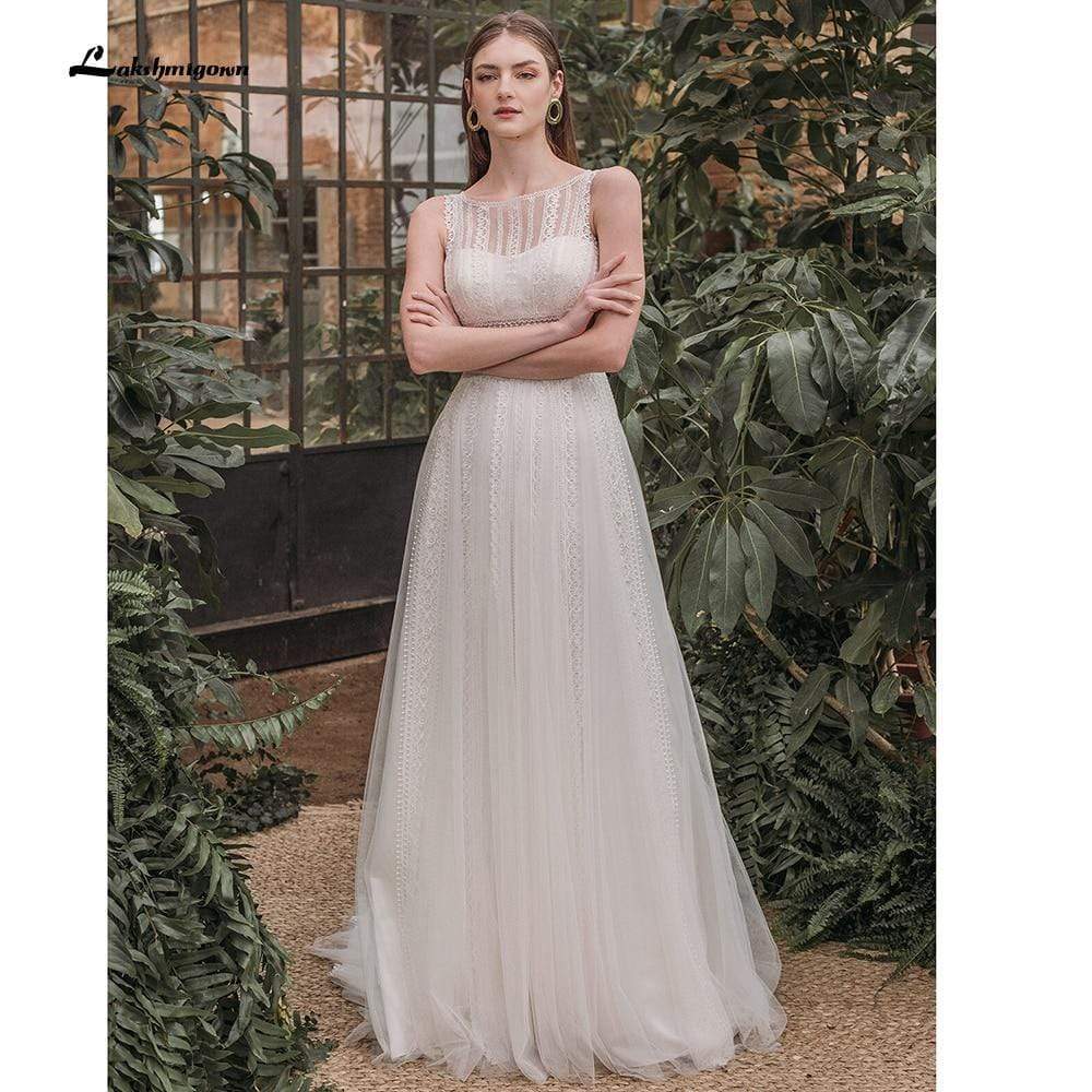 Boho O Neck Lace Sleeveless Wedding Dress