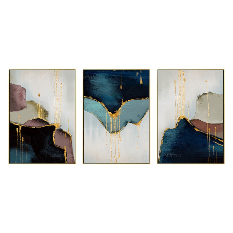 3 piece wall art Abstract mountain Gold coral art Set of 3 framed wall art Large Acrylic navy blue Original painting On Canvas Yxpainting