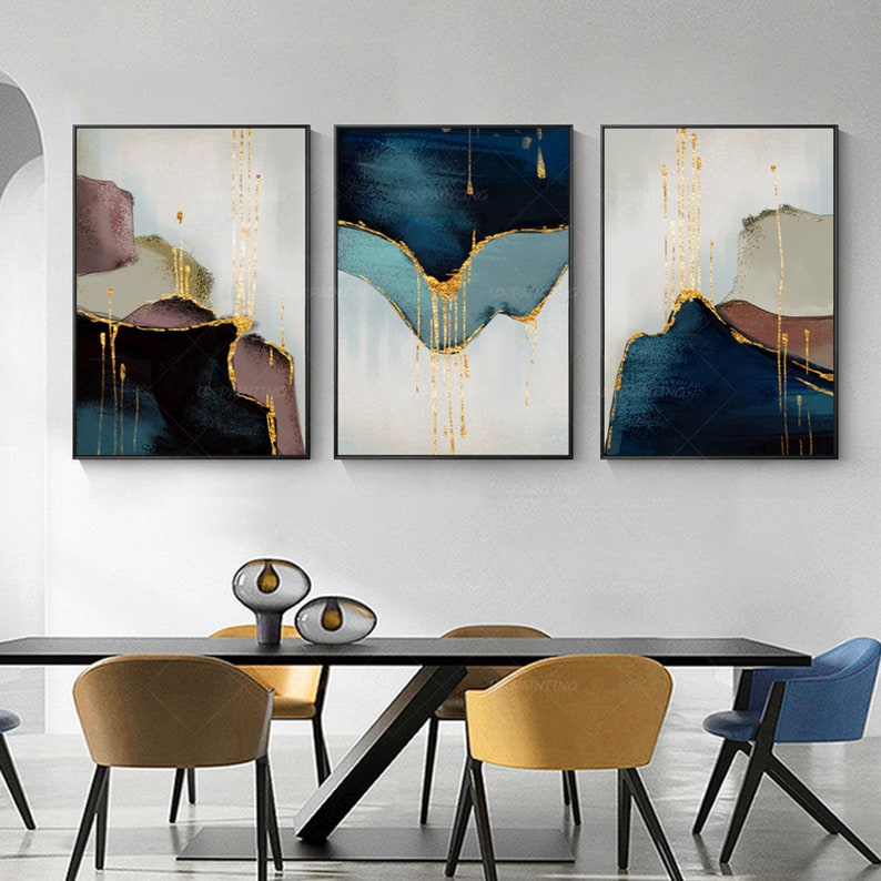 3 piece wall art Abstract mountain Gold coral art Set of 3 framed wall art Large Acrylic navy blue Original painting On Canvas Yxpainting