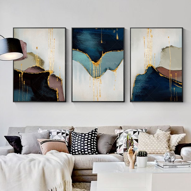 3 piece wall art Abstract mountain Gold coral art Set of 3 framed wall art Large Acrylic navy blue Original painting On Canvas Yxpainting