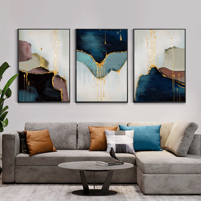 3 piece wall art Abstract mountain Gold coral art Set of 3 framed wall art Large Acrylic navy blue Original painting On Canvas Yxpainting