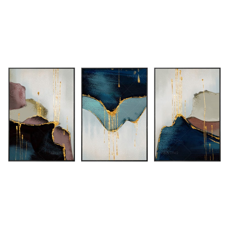 3 piece wall art Abstract mountain Gold coral art Set of 3 framed wall art Large Acrylic navy blue Original painting On Canvas Yxpainting