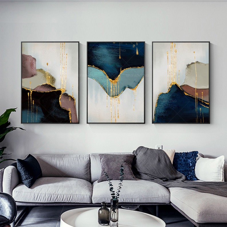 3 piece wall art Abstract mountain Gold coral art Set of 3 framed wall art Large Acrylic navy blue Original painting On Canvas Yxpainting