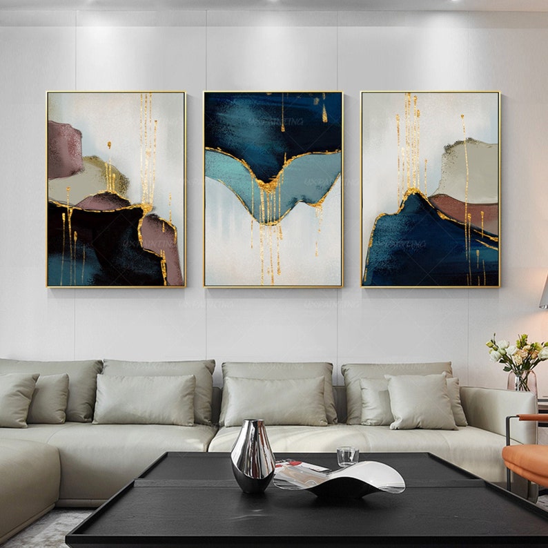 3 piece wall art Abstract mountain Gold coral art Set of 3 framed wall art Large Acrylic navy blue Original painting On Canvas Yxpainting