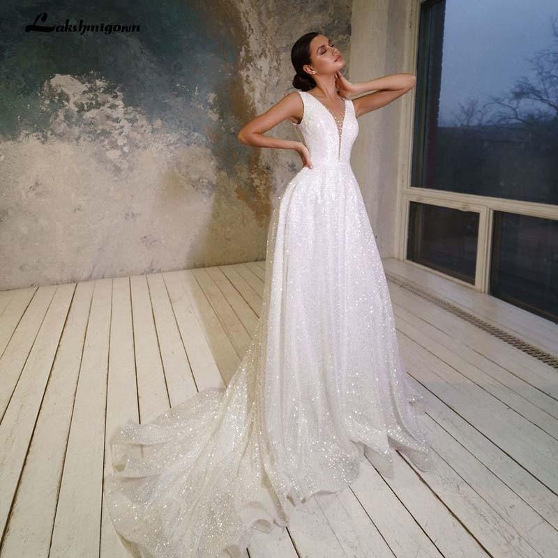 Sexy V-Neck Shiny Tulle Wedding Dresses Beaded Sexy Backless Beautiful Long Women Wedding Wear Custom Vestidos De Mariee