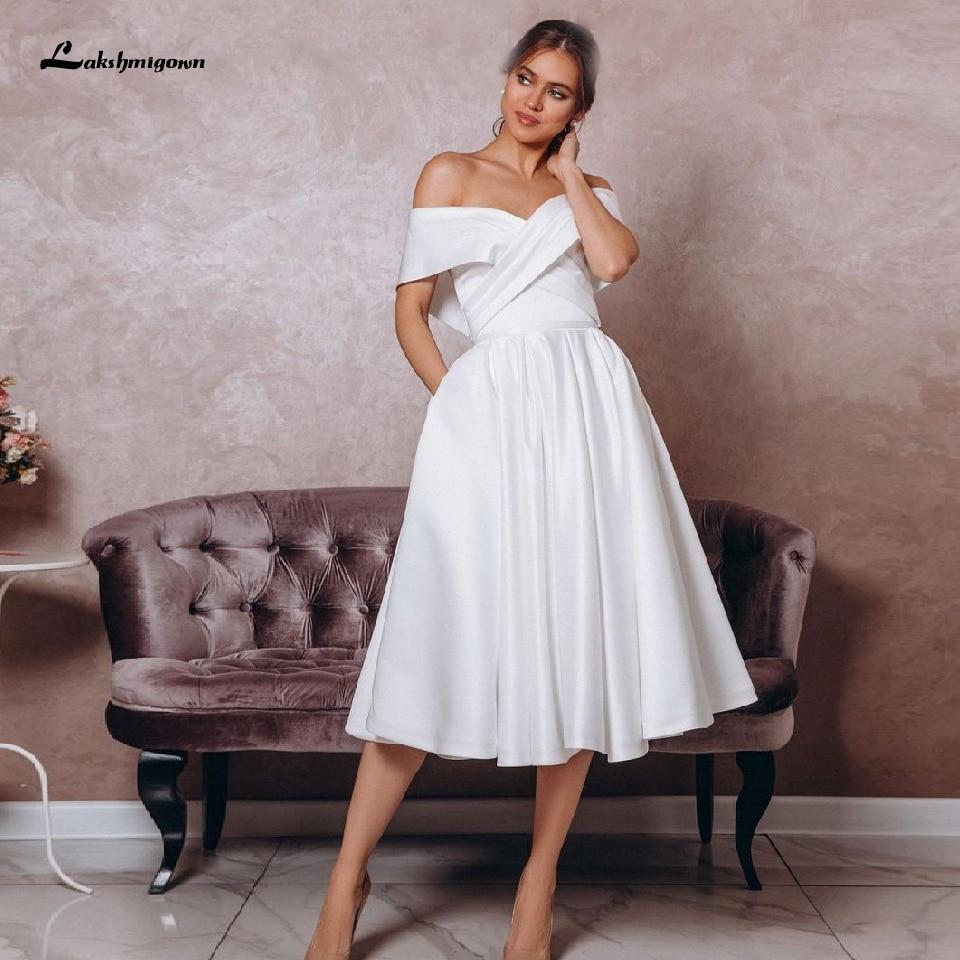 Simple White Satin Wedding Dress Tea Length
